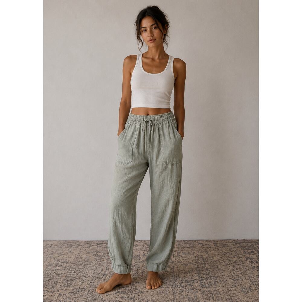 Rachel Roy 100% Linen Sage Green Drawstring Jogger Pants Lagenlook Coastal Small